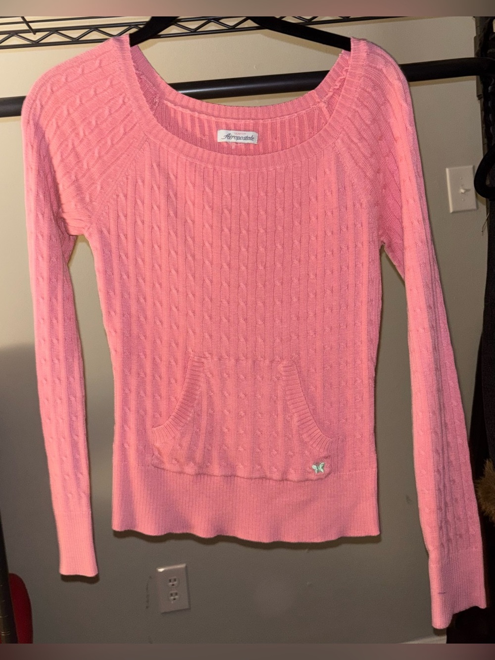 Aéropostale Women’s M Pink Cable-Knit Slim Pullover Scoop Neck Pocket Logo Y2K